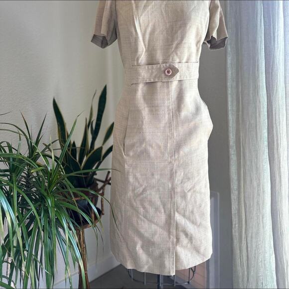 Women's XL Dress Women’s XL Dress Beige Linen Feel Sheath Button Waist Vintage - Picture 2 of 4